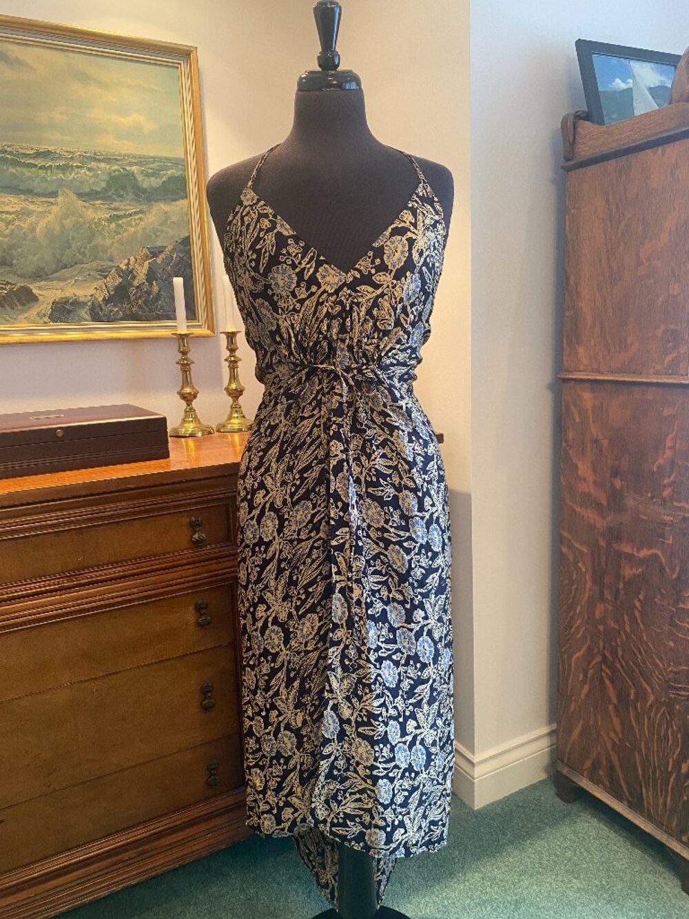 100% Silk Floral Halter Wrap Midi Dress
